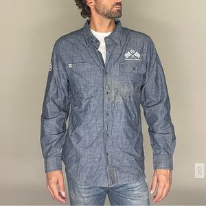 Harley Davidson long sleeve button down cotton shop shirt with retro race flags